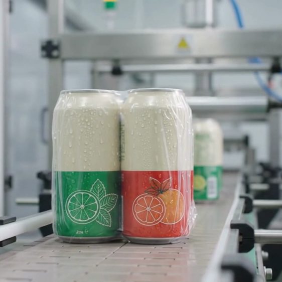 Shrink sealed cans on the line