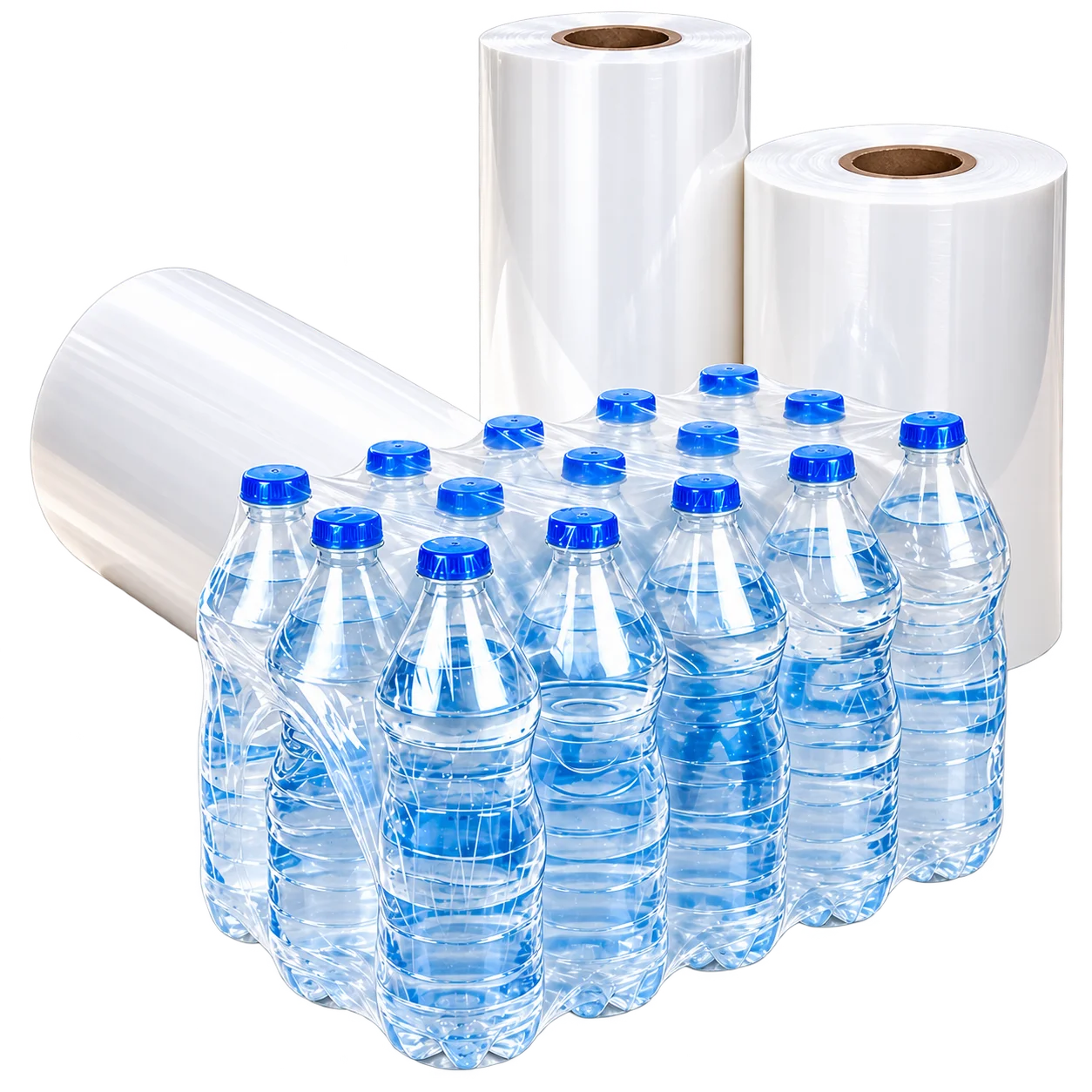 PVC shrink film rolls with shrink-wrapped water bottles
